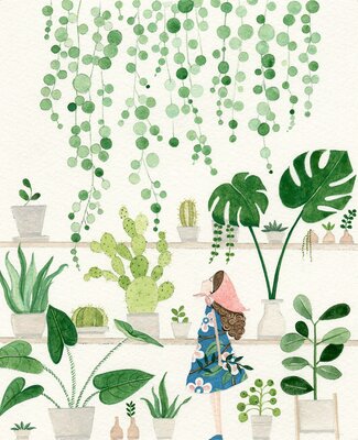 Girl & House Plants Card